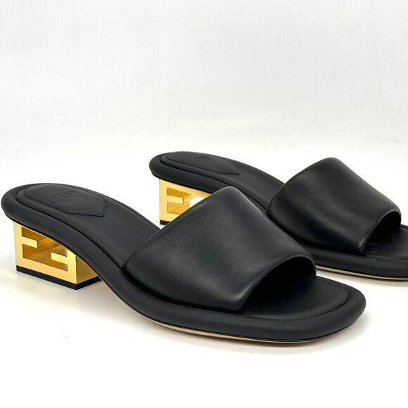 FENDI Baguette Cutout FF Logo Heel Wide Band Slide Mule Sandals Shoes Black - Picture 10 of 16